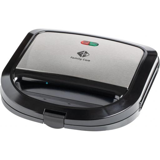 Sandwichera Family Care  750W, Revestimiento Antiadherente, Libre de BPA, Placas con Forma Triangular, Indicador LED, Asa de Tacto Frío, Color Acero y Negro [0]