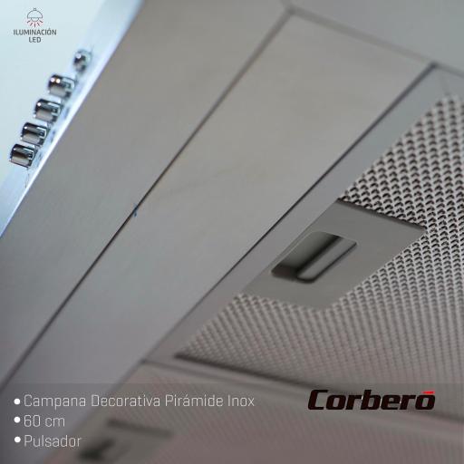  Campana Decorativa Pirámide Inox Corberó  60 cm  Caudal 621,71 m3/h 3 Velocidades  2 X Filtro de Aluminio  Eficiencia Energética A,  [1]