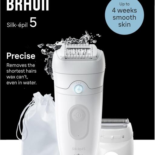 Braun Silk-épil 5, Depiladora Eléctrica Mujer para Una Eliminación del Vello Fácil, Depilación en Seco Y en Mojado, con Cabezal de Rasuradora, Piel Suave Duradera, 5-041, Blanco/Gris