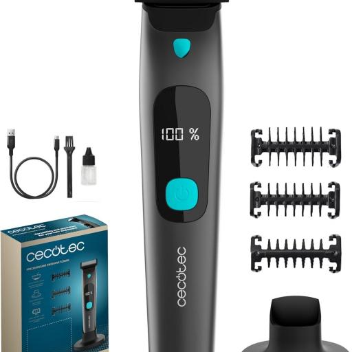 Cecotec Rasuradora Facial . Cuchillas de Acero Inoxidable, 3 Peines (1/3/5 mm), Base de Almacenamiento, Autonomía de 1,5h, Resistencia IPX7, Pantalla Inteligente