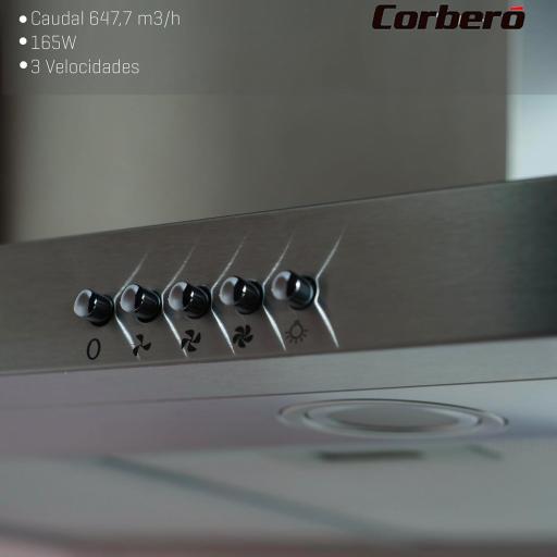 Campana Extractora Corberó - Horizontal 60 cm | 647,7 m3/h | 71 db| 165W | 3 Velocidades | Control por pulsador| 2 Filtros de Aluminio + Filtro Carbón | Inox [Clase de eficiencia energética A] [3]