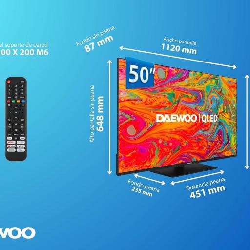 TV Daewoo 50" QLED Smart TV 4K HDR 3840 x 2160, Dolby Vision, Dolby Audio, Peana Central, Diseño sin Marcos