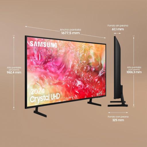 TV Samsung 75" - Crystal UHD 4K, Smart TV con Bluetooth, HDR10+, 20 W