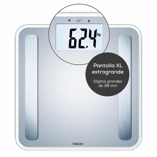  Báscula diagnóstica Beurer análisis corporal preciso para hasta 10 personas, medición de peso, grasa corporal, IMC, porcentaje muscular y edad metabólica, gran pantalla XL, hasta 180 kg [1]