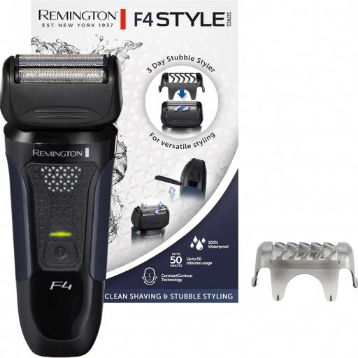 Afeitadora Remington  de Láminas y Recortadora de Barba Style Series F4, Máquina de Afeitar Inalámbrica, 50 min Autonomía, Láminas Dobles, Accesorio Barba de Pocos Días, Resistente Agua, F4002