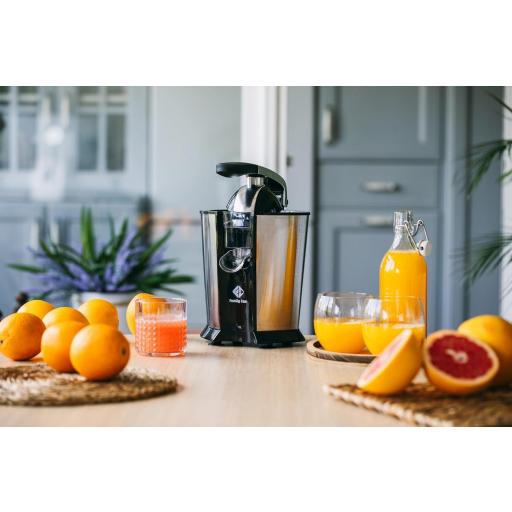  Exprimidor de Naranjas Electrico Family Care 160W, Cuerpo y Filtro de Acero Inoxidable, 2 Conos Desmontables, Boquilla Antigoteo, Piezas Aptas para Lavavajillas [1]