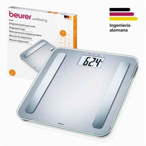 Báscula diagnóstica Beurer análisis corporal preciso para hasta 10 personas, medición de peso, grasa corporal, IMC, porcentaje muscular y edad metabólica, gran pantalla XL, hasta 180 kg