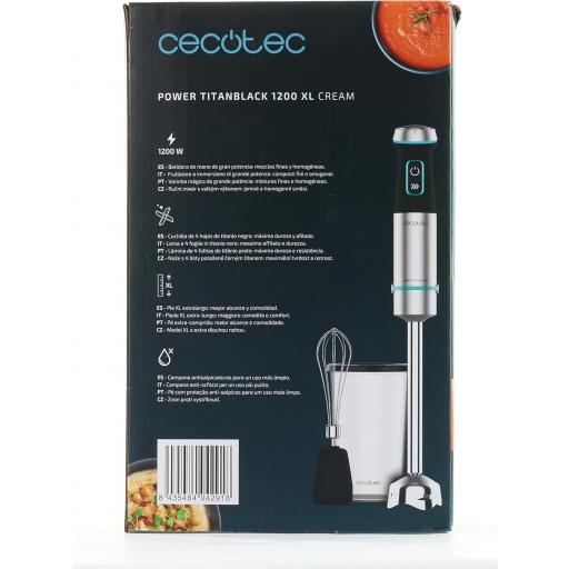  Batidora de mano Cecotec 1200 W, Tecnología CrossBlades con Cuchillas 4 hojas, Pie XL, Campana antisalpicaduras, Selector de velocidad, Vaso 800 ml y Varilla [Clase de eficiencia energética A+] [1]