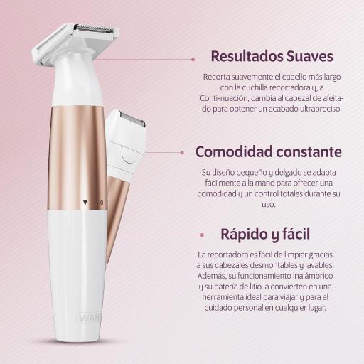 WAHL Trim & Shave, Recortadora para mujeres, afeitadora para mujeres, depilación, línea del bikini y axilas, recorte suave, recorte personal, cuidado versátil, inalámbrica, apta para viajes, blanca