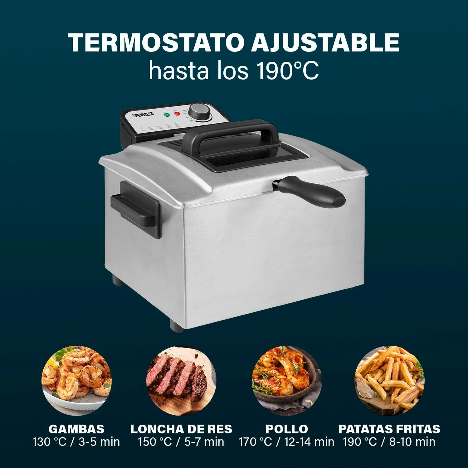 Freidora Princess 5 litros de capacidad, 3270 W, tecnología de zona fría, ventana de visualización, acero inoxidable, doble termostato, fácil de limpiar, piezas desmontables,