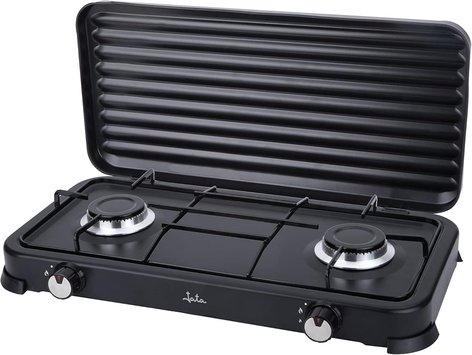 Cocina de Gas Jata portátil de 2 fuego con parrilla, Apta para butano y propano, Tapa protectora extraíble, Ideal para camping, Ocupa poco espacio