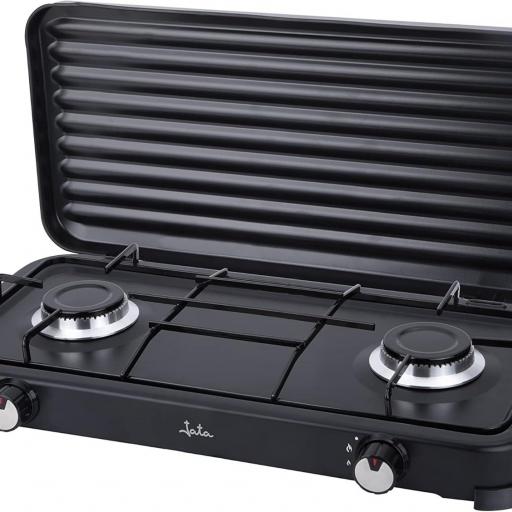 Cocina de Gas Jata portátil de 2 fuego con parrilla, Apta para butano y propano, Tapa protectora extraíble, Ideal para camping, Ocupa poco espacio  [0]