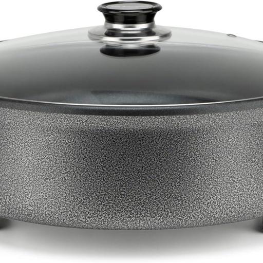Orbegozo  Cazuela Eléctrica Multiusos 1500W 36cm Diámetro 5L Superficie Antiadherente Tapa de Cristal Termostato Regulable Desmontable Asas Tacto Frío Ideal Paellas Pizzas Tortillas [1]
