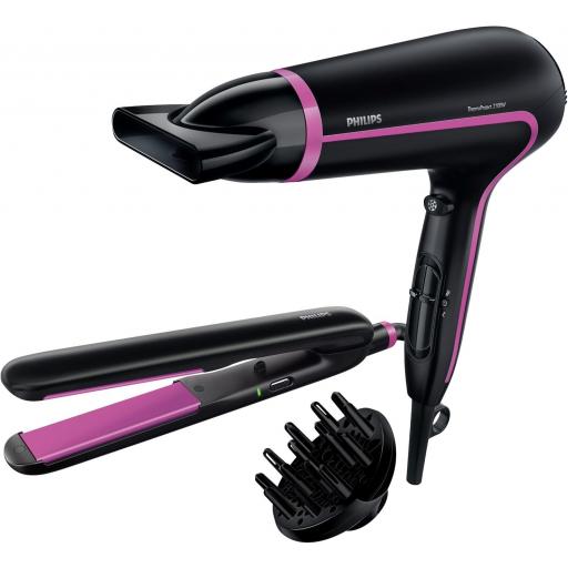  Secador de Pelo philips Difusor y Boquilla, Plancha de Pelo con Iones, 3 Velocidades, 3 Temperaturas, 2100 W, Negro y Fucsia