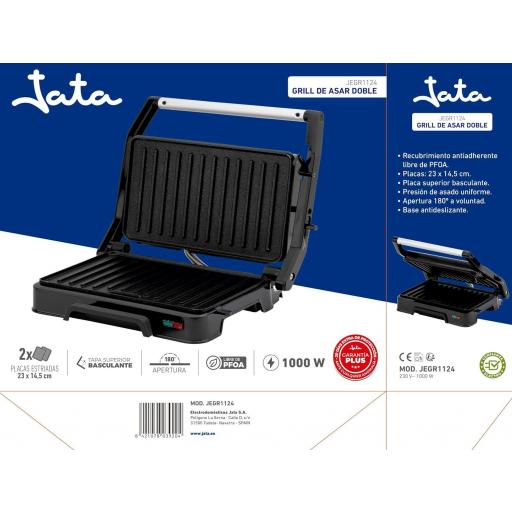  Parrilla eléctrica y grill jATA con placas rayadas antiadherentes de 23 x 14,5 cm. 1000 W. Cocina todo tipo de alimentos. Tapa superior basculante. Apertura 180º. Clip de cierre [1]