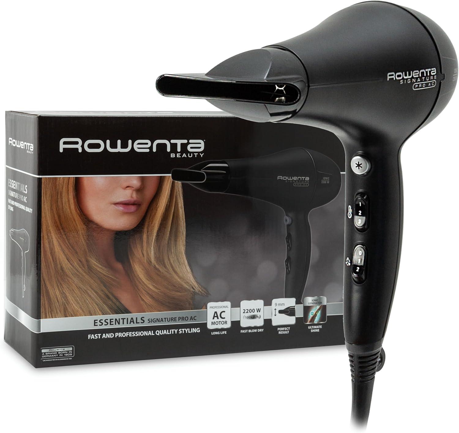 - Secador de pelo profesional Rowenta de con motor AC profesional, sistema iónico, 2 posiciones de velocidad, boquilla concentradora y cable extralargo, Color Negro, 2200 W