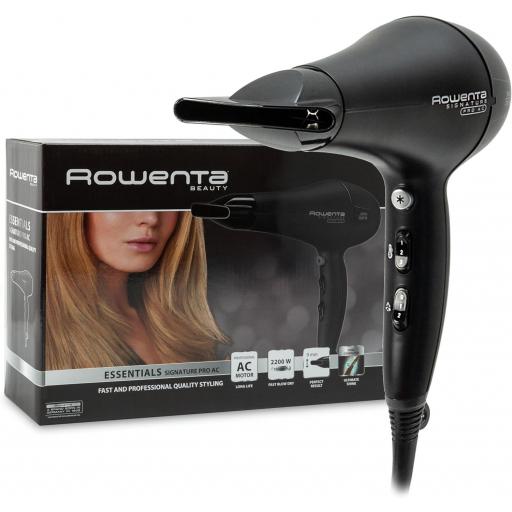 - Secador de pelo profesional Rowenta de con motor AC profesional, sistema iónico, 2 posiciones de velocidad, boquilla concentradora y cable extralargo, Color Negro, 2200 W