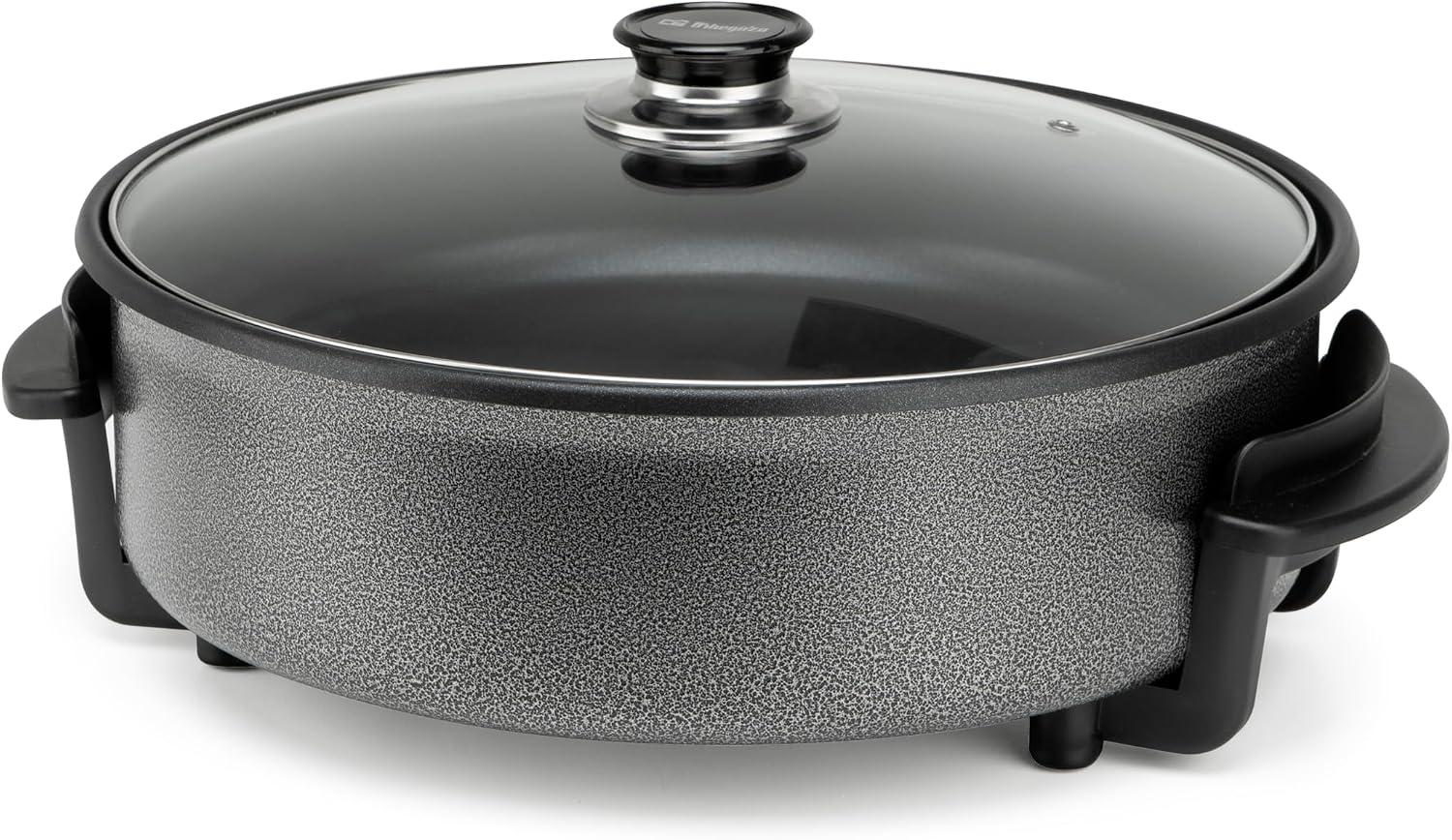 Orbegozo Cazuela Eléctrica Multiusos 1500W 36cm Diámetro 5L Superficie Antiadherente Tapa de Cristal Termostato Regulable Desmontable Asas Tacto Frío Ideal Paellas Pizzas Tortillas