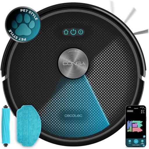 Robot Aspirador y Friegasuelos Cecotec Conga . Navegación Láser, 20000Pa de Presión de Succión, Batería de 4500 mAh, Cepillo de Silicona Especial Mascotas, Cobertura hasta 180m²