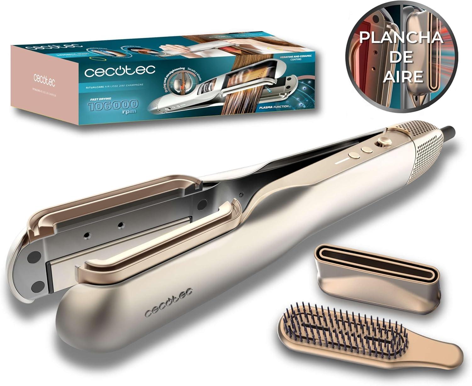 Plancha de Pelo con Aire . 1000W, Seca y Alisa, Reduce el Daño por Altas Temperaturas, Motor Digital, 106000RPM, Plasma, Cerámica y Queratina