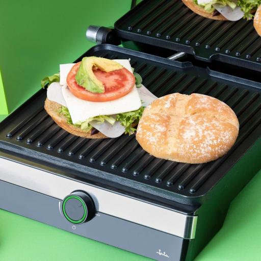  Parrilla Electrica y Grill JATA con placas rayadas antiadherentes de 29 x 23,6 cm. 2000 W. Cocina todo tipo de alimentos. Apertura 180º. Tapa superior basculante. Bandeja recogesalsas [2]