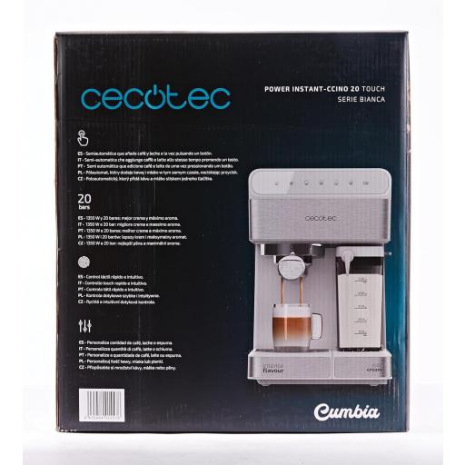 Cecotec Power Instant-ccino Touch Serie Bianca Cafetera Semiautomática, Tanque de Leche, Panel Control Táctil, 20 Bares Presión, Thermoblock, 1350 W, Acero Inoxidable, Blanca [2]