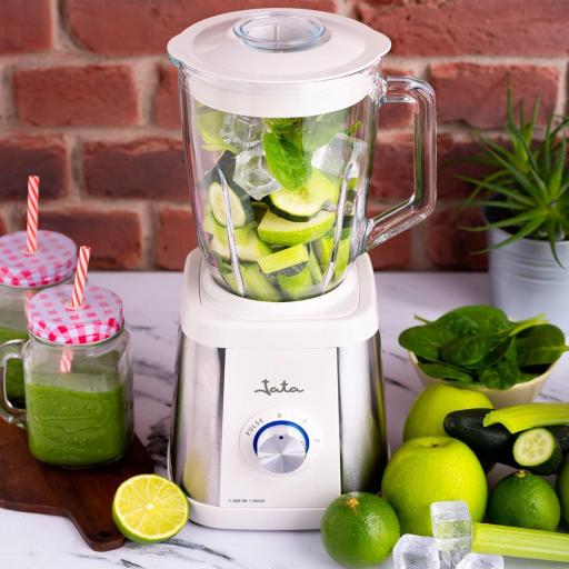  Batidora de Vaso Jata 1300 W, Capacidad 1,5 L, Cuchilla Dentada de Acero Inox, Cuerpo de Acero Inoxidable, 2 Velocidades + Pulse, Pica hielo [Clase de eficiencia energética A] [1]