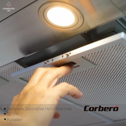  Campana Extractora Corberó - Horizontal 60 cm | 647,7 m3/h | 71 db| 165W | 3 Velocidades | Control por pulsador| 2 Filtros de Aluminio + Filtro Carbón | Inox [Clase de eficiencia energética A] [1]