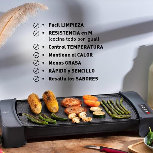  Plancha de asar Jata 2600w 4 temperaturas. Resistencia en M para una distribución del calor por toda la superficie. De gran superficie: 46 x 28 cm. Fácil limpieza. Antiadherente [2]