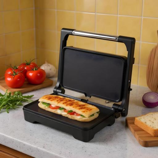 JATA - Grill de asar doble 1500 W | Parrilla eléctrica con apertura 180° y tapa basculante | Termostato regulable | Placas lisas antiadherentes 26 x 16,5 cm libres de PFOA | Cocina sana [2]