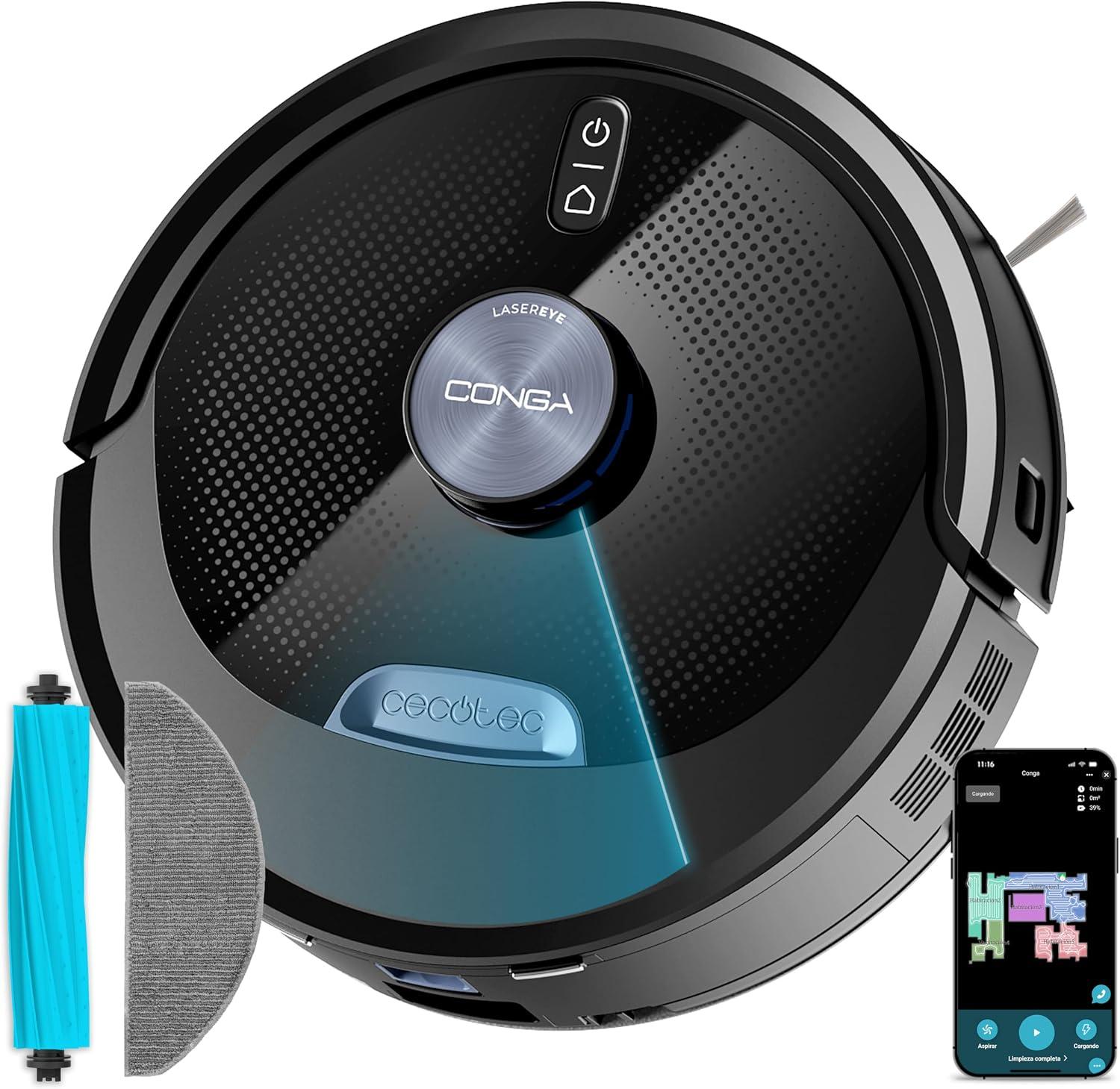 Robot aspirador Conga M80 Dark con Navegación láser. 25000 Pa de succión del motor. Autonomía de hasta 240 minutos en modo Eco. Cepillo silicona, ideal para casas con mascotas. Compatible con Bluetooth y WiFi para redes 2,4 GHz.