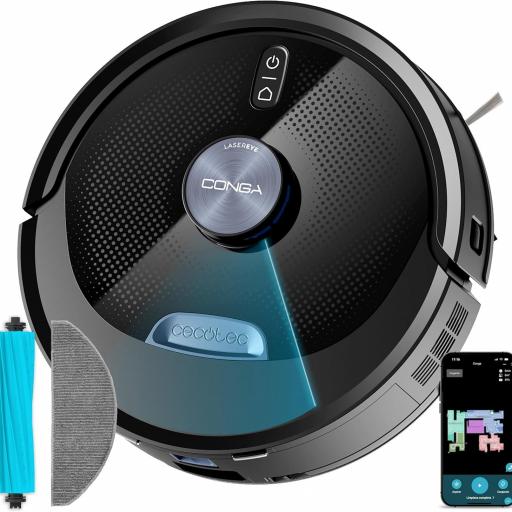 Robot aspirador Conga M80 Dark con Navegación láser. 25000 Pa de succión del motor. Autonomía de hasta 240 minutos en modo Eco. Cepillo silicona, ideal para casas con mascotas. Compatible con Bluetooth y WiFi para redes 2,4 GHz.