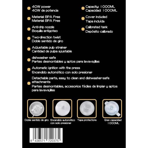 Exprimidor eléctrico de naranjas para zumo Family Care, jarra libre de BPA con 1000ml, filtro de pulpa ajustable, boquilla antigoteo, accesorios desmontables apto para lavavajillas, potencia 40W [3]