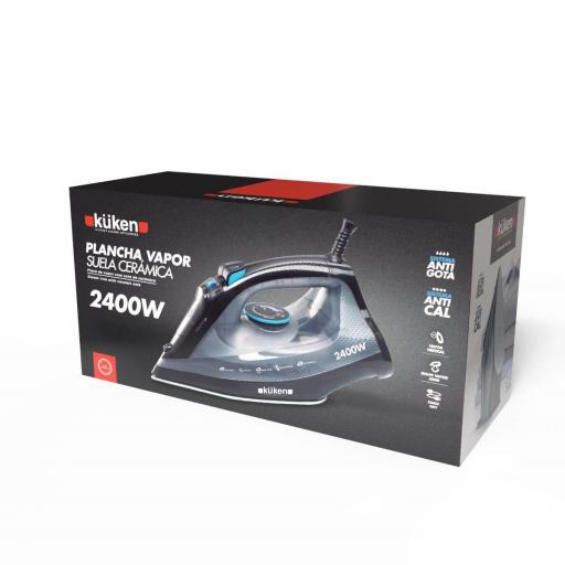 PLANCHA VAPOR KÜKEN SUELA CERÁMICA 2400W Golpe de vapor 140 g/min depósito de agua 320ml. [1]