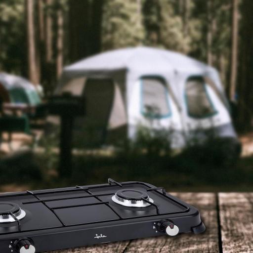 Cocina de Gas Jata portátil de 2 fuego con parrilla, Apta para butano y propano, Tapa protectora extraíble, Ideal para camping, Ocupa poco espacio  [1]