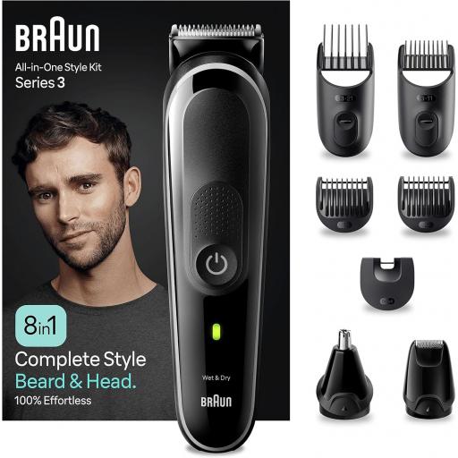 Afeitadora multifunción - Braun Series 3 Barba y pelo, Recortadora 8 En 1, 7 accesorios, Autonomía 80 min 