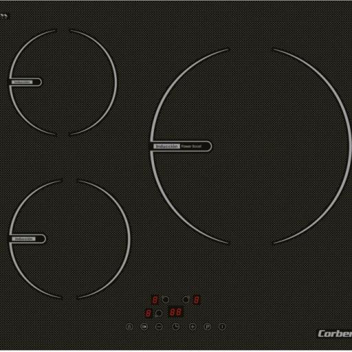  Encimera de Inducción Corberó  | 3 Zonas | Potencia 6000W | Touch Control | 1 Booster | Zona Grande 30cm | Placa con Temporizador 99 Min | Desconexión y Bloqueo de Seguridad | Negro, Vidrio 
