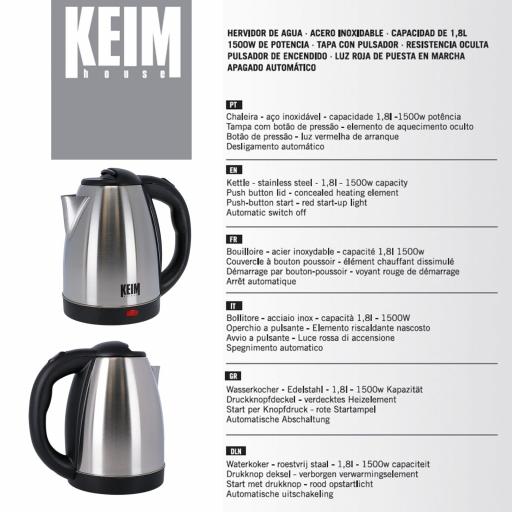  Hervidor de Agua Eléctrico KEIM HOUSE1500W, Capacidad 1.8L, Acero Inoxidable, LED Indicador Encendido, Apagado Automático, Termostato, Tapa Hermética con Pulsador, Base de 360°, Filtro Incorporado: Hervidor de agua eléctrico con 1500W de potencia y capac [1]