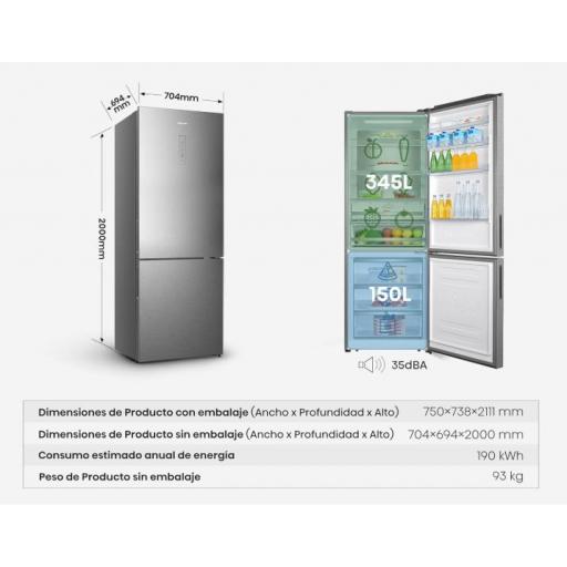  Frigorífico Combi Hisense  2 Puertas, Class C, 495 l, Alto 200 cm x Ancho 70.4 cm, Color Inox, Metal-Tech Cooling, Fresh Zone, Control de Humedad,... [0]
