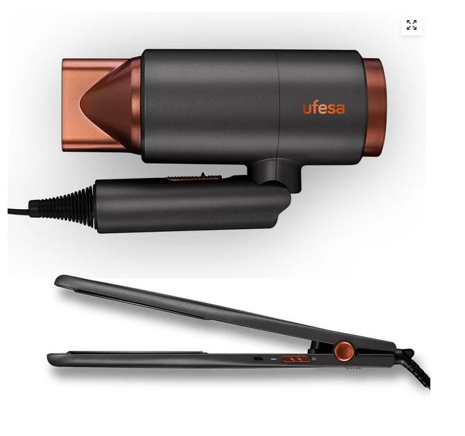 Secador - UFESA Pack secador + plancha My glamour set, 2200 W, 3 niveles temperatura, Negro