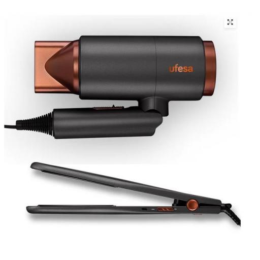 Secador - UFESA Pack secador + plancha My glamour set, 2200 W, 3 niveles temperatura, Negro [0]