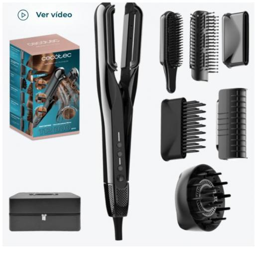 Plancha de Pelo Secador con Aire Cecotec 13m/s de flujo de aire, 112.000 rpm, Función Plasma, Motor Brushless, Incluye 6 Accesorios, Cepillo convencional incluido, Estuche premium [1]