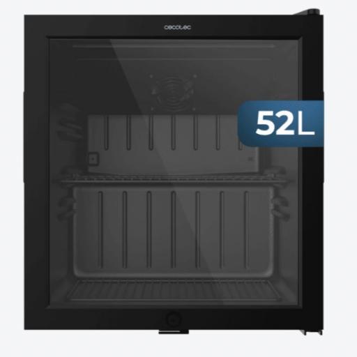  Nevera Mini Bar cecotec con puerta de cristal, chasis color negro, Capacidad 52 Litros (53 Latas de 33cl), Compresor incorporado, Luz LED interior, Temperatura 0ºC a 10ºC, Ancho 44.5 x Alto 50.3 x Fondo 50 cm [1]