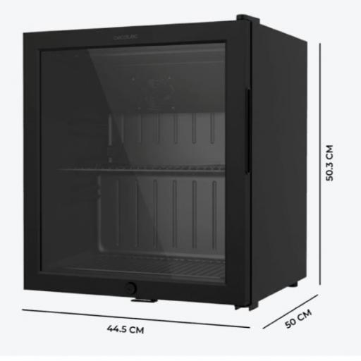  Nevera Mini Bar cecotec con puerta de cristal, chasis color negro, Capacidad 52 Litros (53 Latas de 33cl), Compresor incorporado, Luz LED interior, Temperatura 0ºC a 10ºC, Ancho 44.5 x Alto 50.3 x Fondo 50 cm [0]