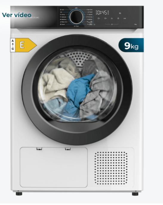 ¡Secadora bomba de calorCecotec blanca con capacidad de 9kg, clase E (Equivalente a la antigua clase A++), 15 programas con secado automático y funciones Spa Care, Antiarrugas, 4 niveles de intensidad de secado, luz interior, Delay Star