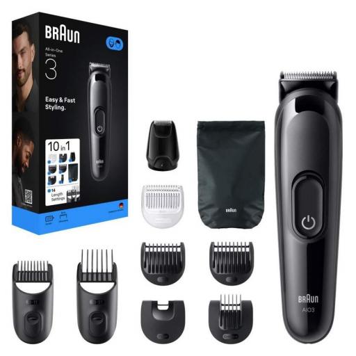 Afeitadora multifunción  Braun Todo En Uno Series 3 , Kit De Styling 10 en 1, Lámina Afilada, 14 Longitudes, Negro [0]