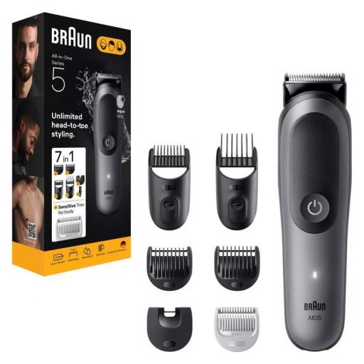 Cortapelos Multifunción 7 en 1 Braun S5 Grocery - Autonomía 120 min, 7 Accesorios, Negro, Gris