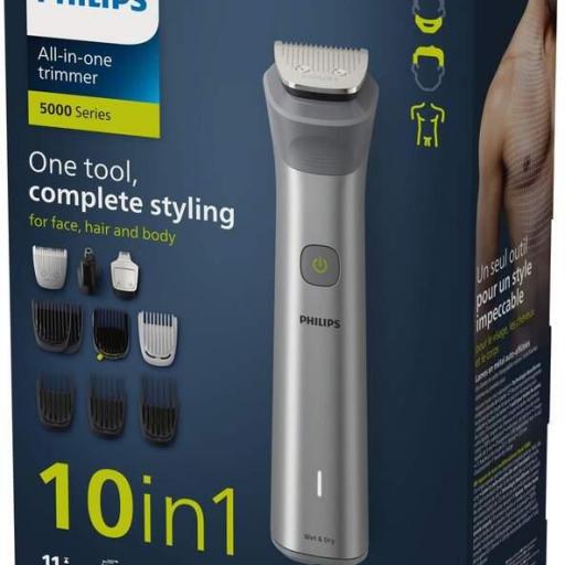  Recortadora Multif PHILIPS, 10 en 1; Cara (Recortador de detalles) + Pelo + Cuerpo; Cuchillas metalicas autoafilables; 2 peines ajustables; 14 ajustes, Aut. 120 min.Carga USB [1]