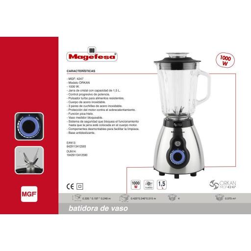 Batidora Vaso Megafesa . 1000 W, 1.5 L, Cristal, Inox, Negro [1]
