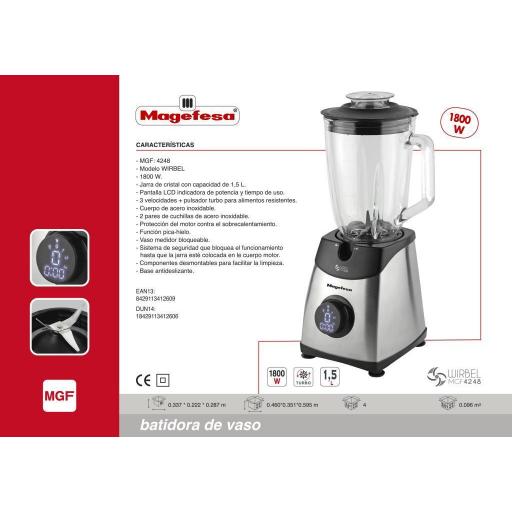 Batidora Vaso Megafesa - 1800 W, 1, 5 L, Cristal, Pantalla LCD, Inox, Negro [1]